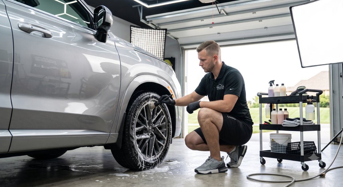 Mobile detailing scene with a vehicle and cleaning equipment